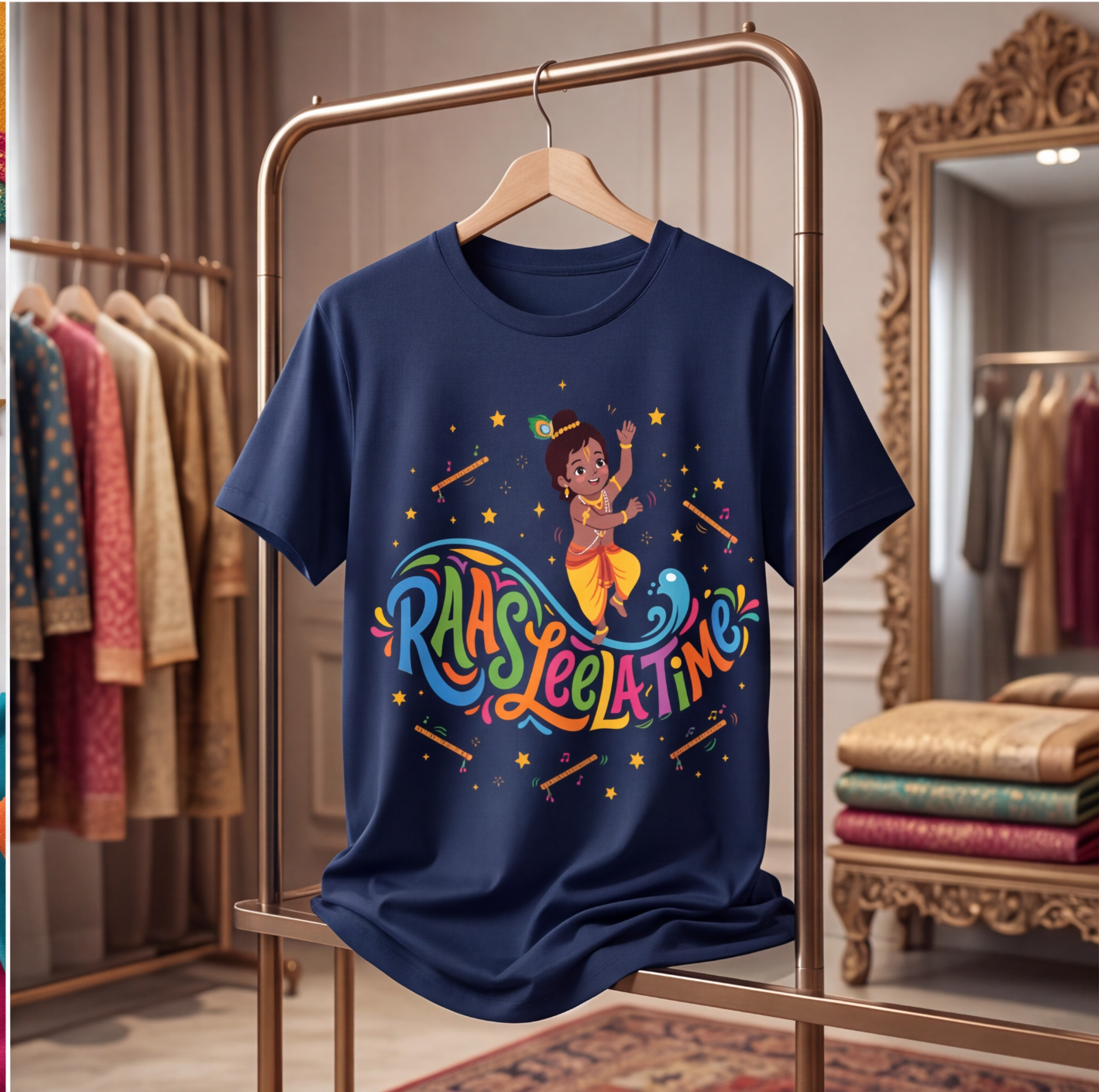 Kids Navy Blue Raas Leela Print T-Shirt