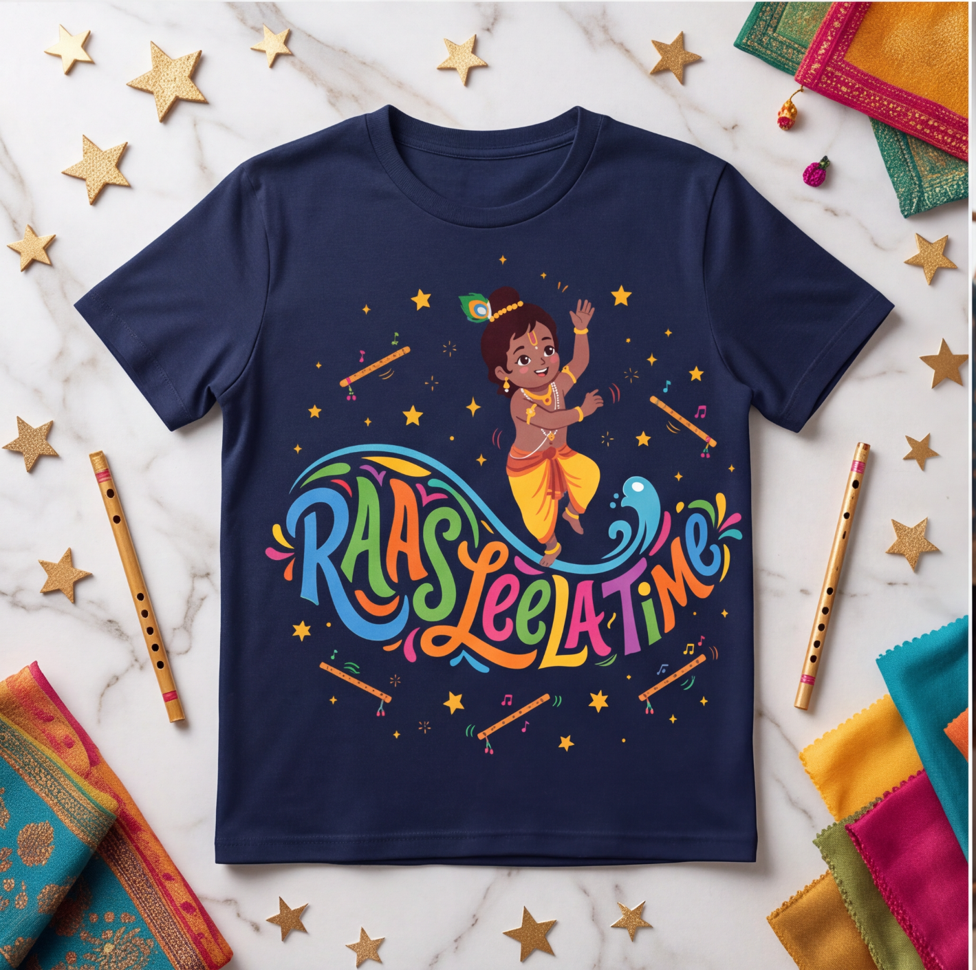 Kids Navy Blue Raas Leela Print T-Shirt image
