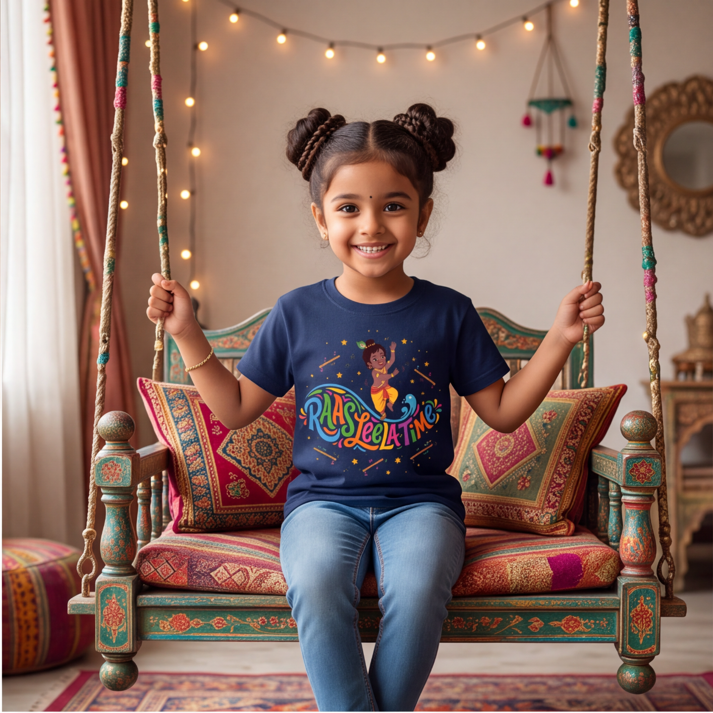 Kids Navy Blue Raas Leela Print T-Shirt image