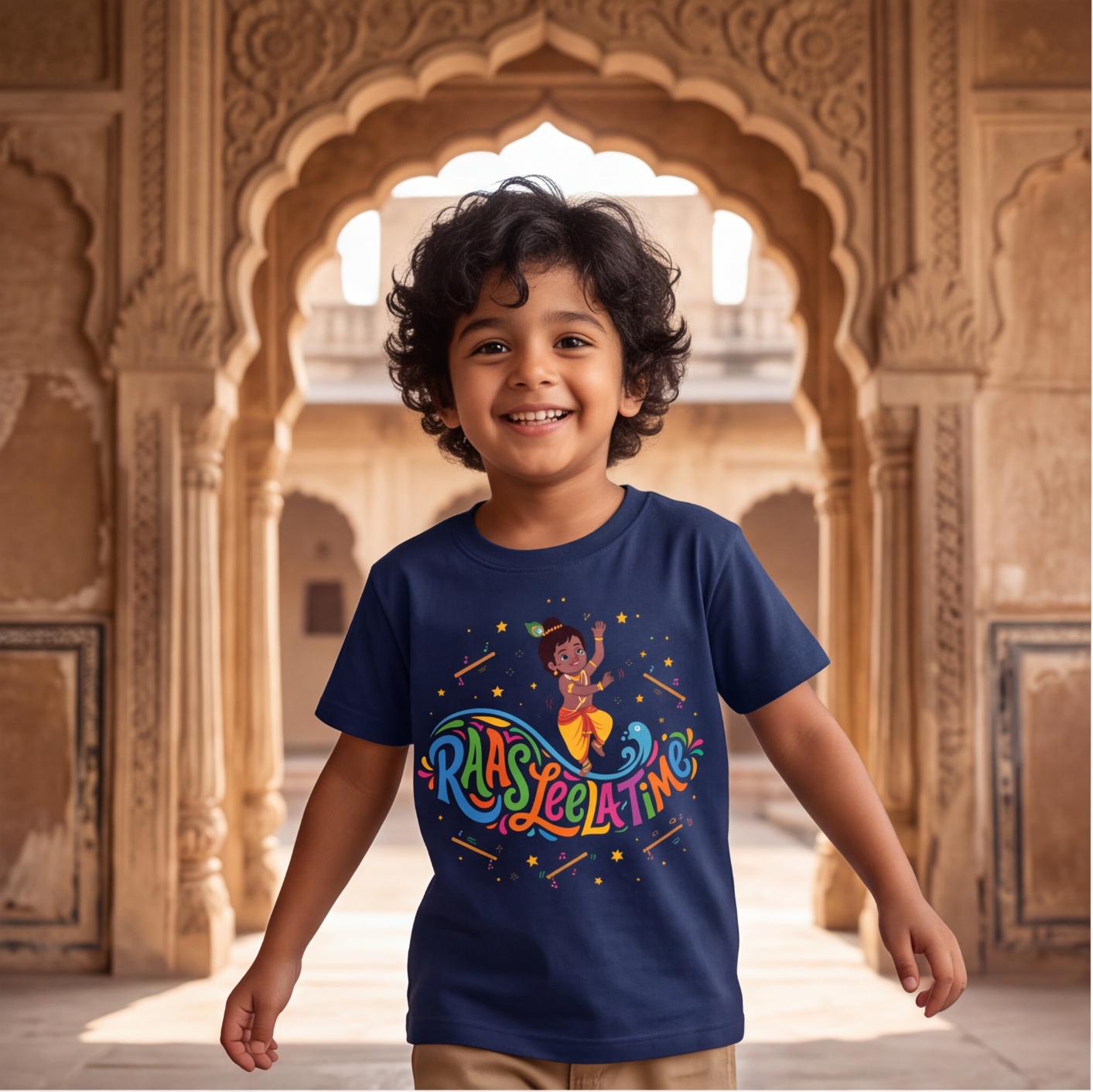 Kids Navy Blue Raas Leela Print T-Shirt image