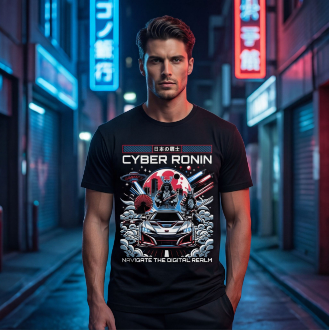 Cyber Ronin: Realm-Navigator | Unisex Heavy Cotton Graphic T-Shirt image