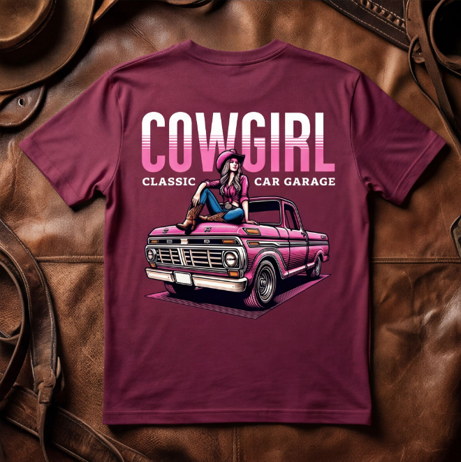 Cowgirl Classic Car Garage | Unisex Heavy Cotton Graphic T-Shirt image