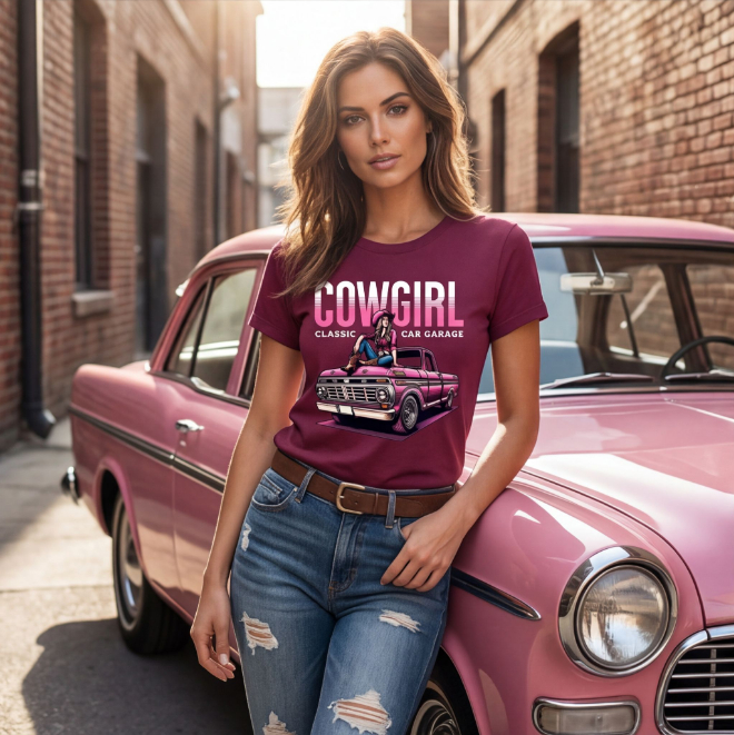 Cowgirl Classic Car Garage | Unisex Heavy Cotton Graphic T-Shirt image