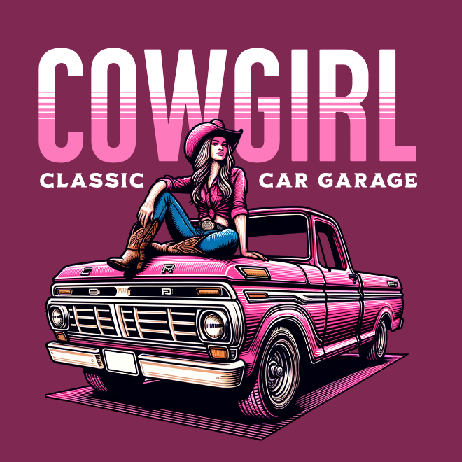 Cowgirl Classic Car Garage | Unisex Heavy Cotton Graphic T-Shirt