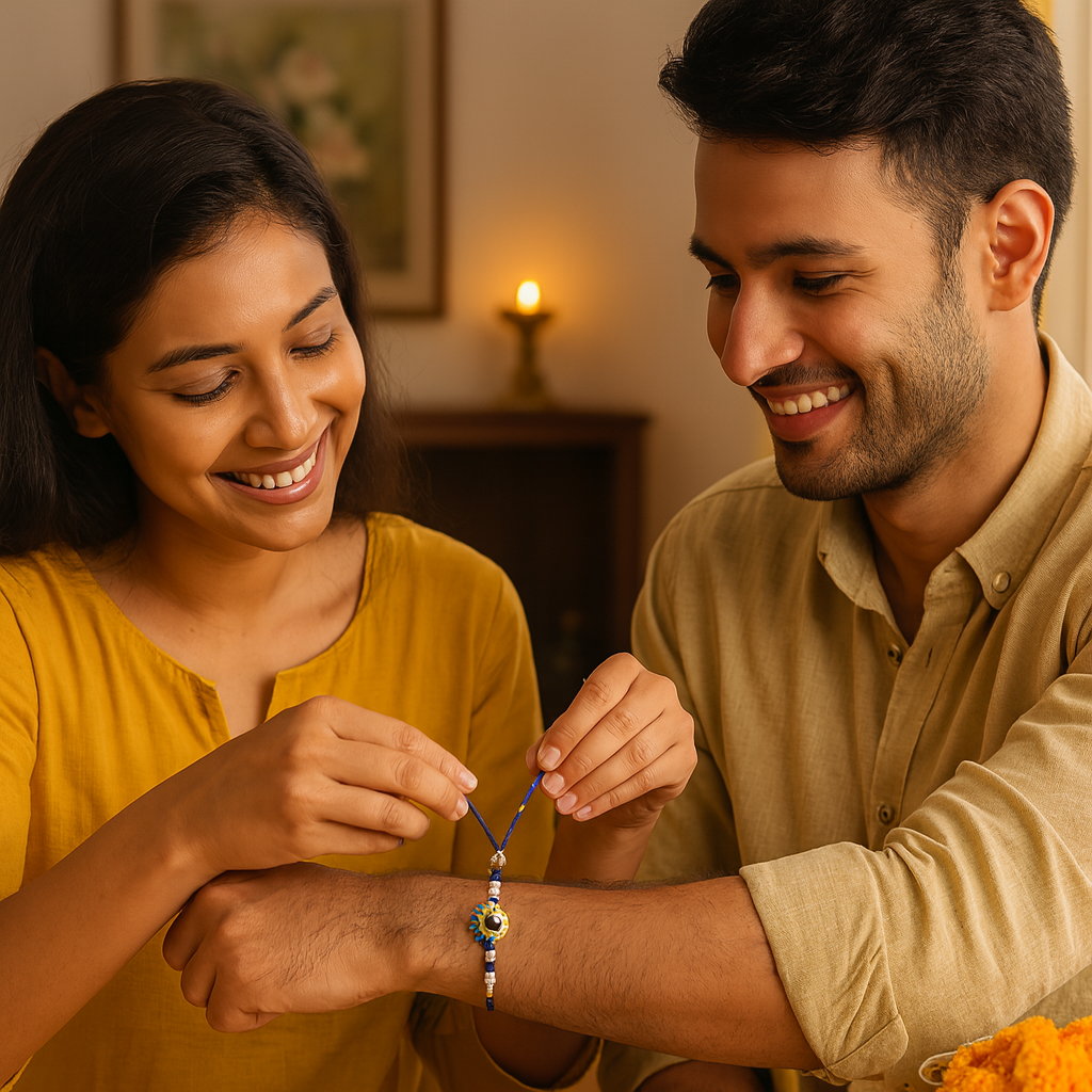 Blue Thread Rakhi with Pearl and Stone Beads image