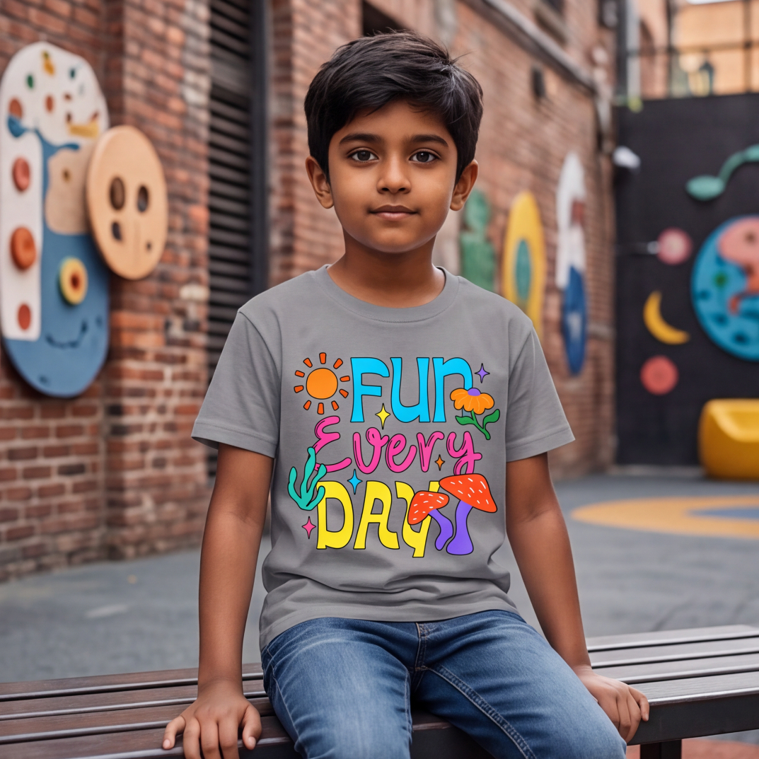 Grey Cotton T-Shirt With Fun Every Day Print image