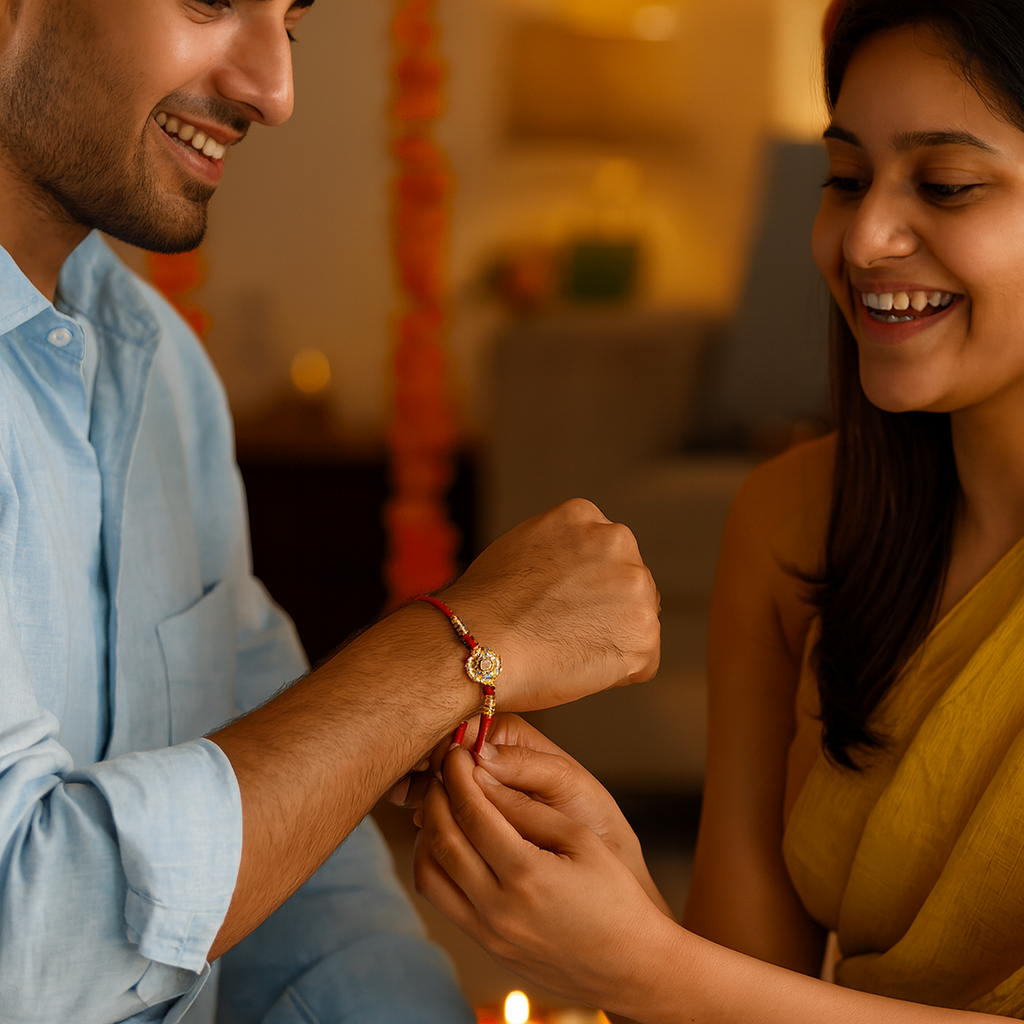 Designer Rakhi With Gold And Red Beads image