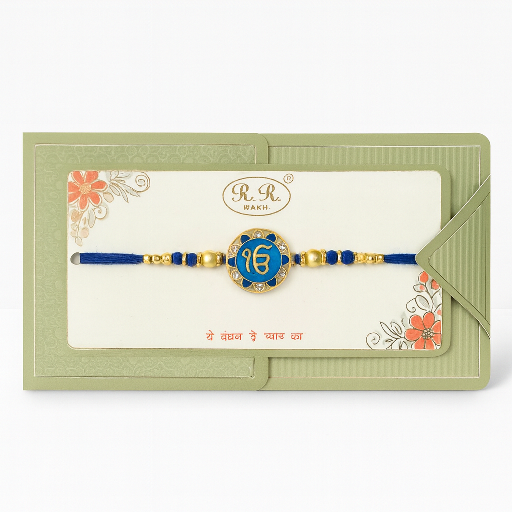 Blue Designer Rakhi With Sikh Ik On Floral Motif
