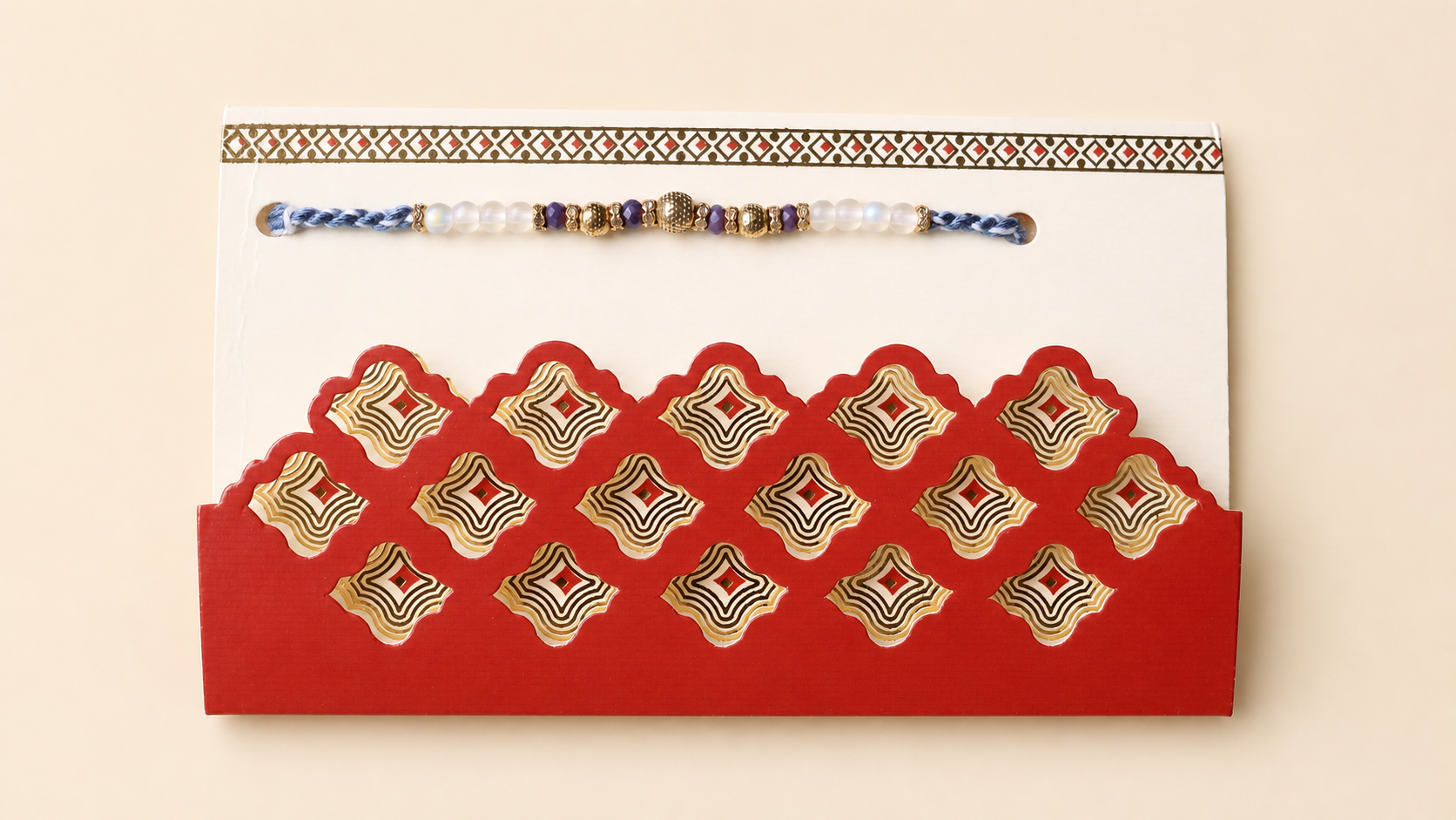 Purple Gold Beads Rakhi with Decorative Red Envelope