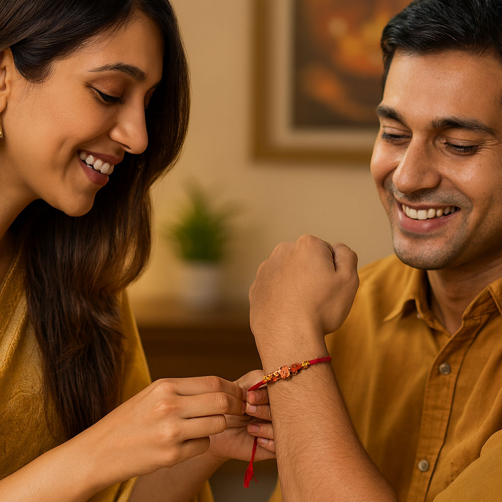 Carved Wooden Bead Dhaga Rakhi with Red Thread image