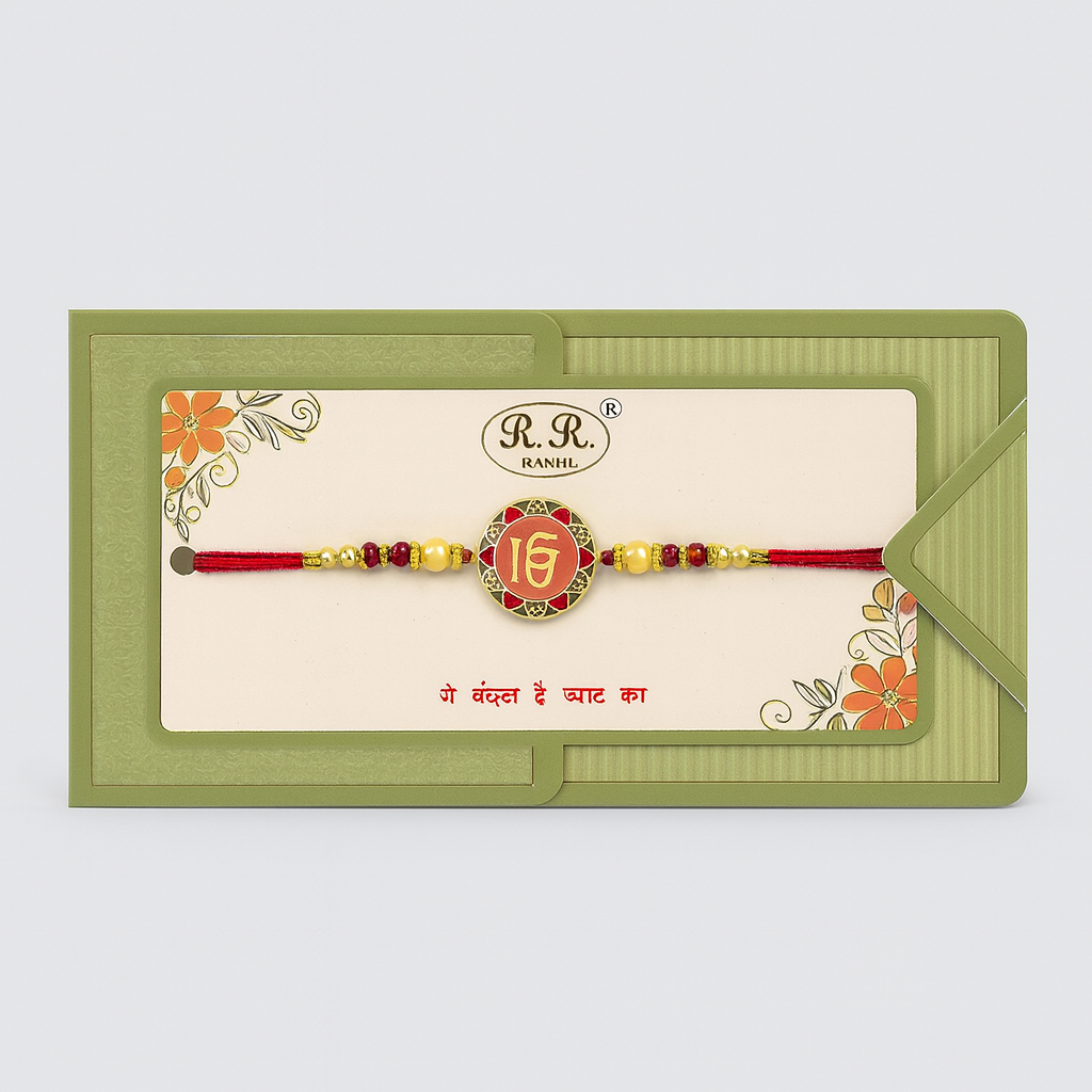 Traditional Red Thread Rakhi With Golden Beads
