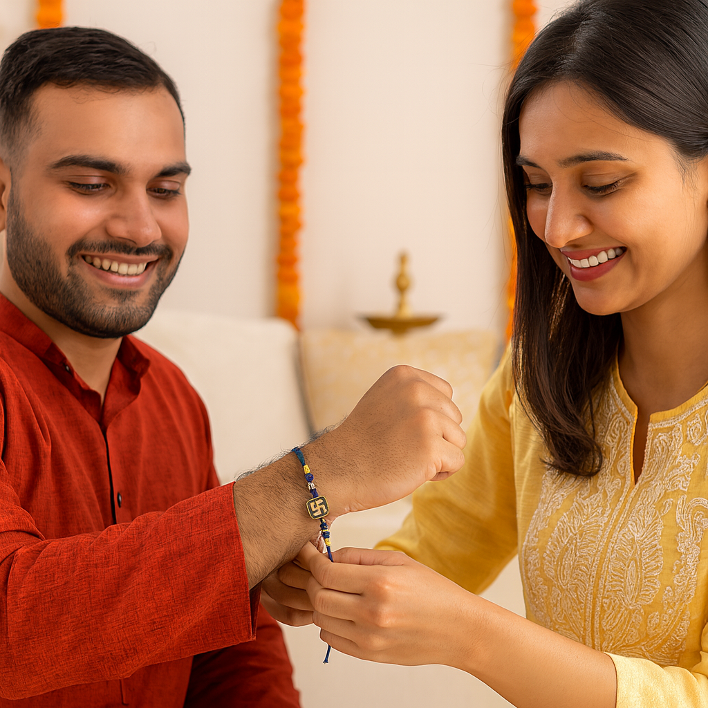 Swastik Rakhi with Blue Thread image