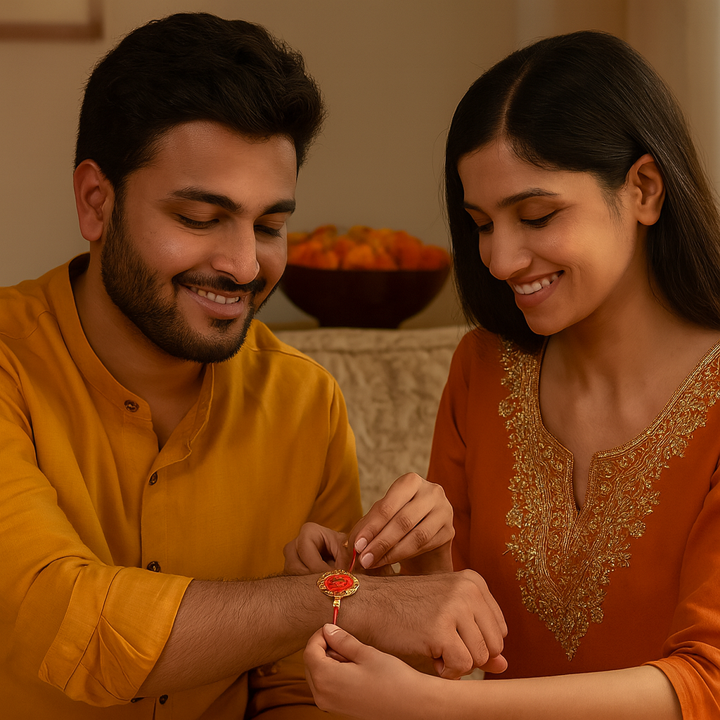 Traditional Red Thread Rakhi With Golden Beads image
