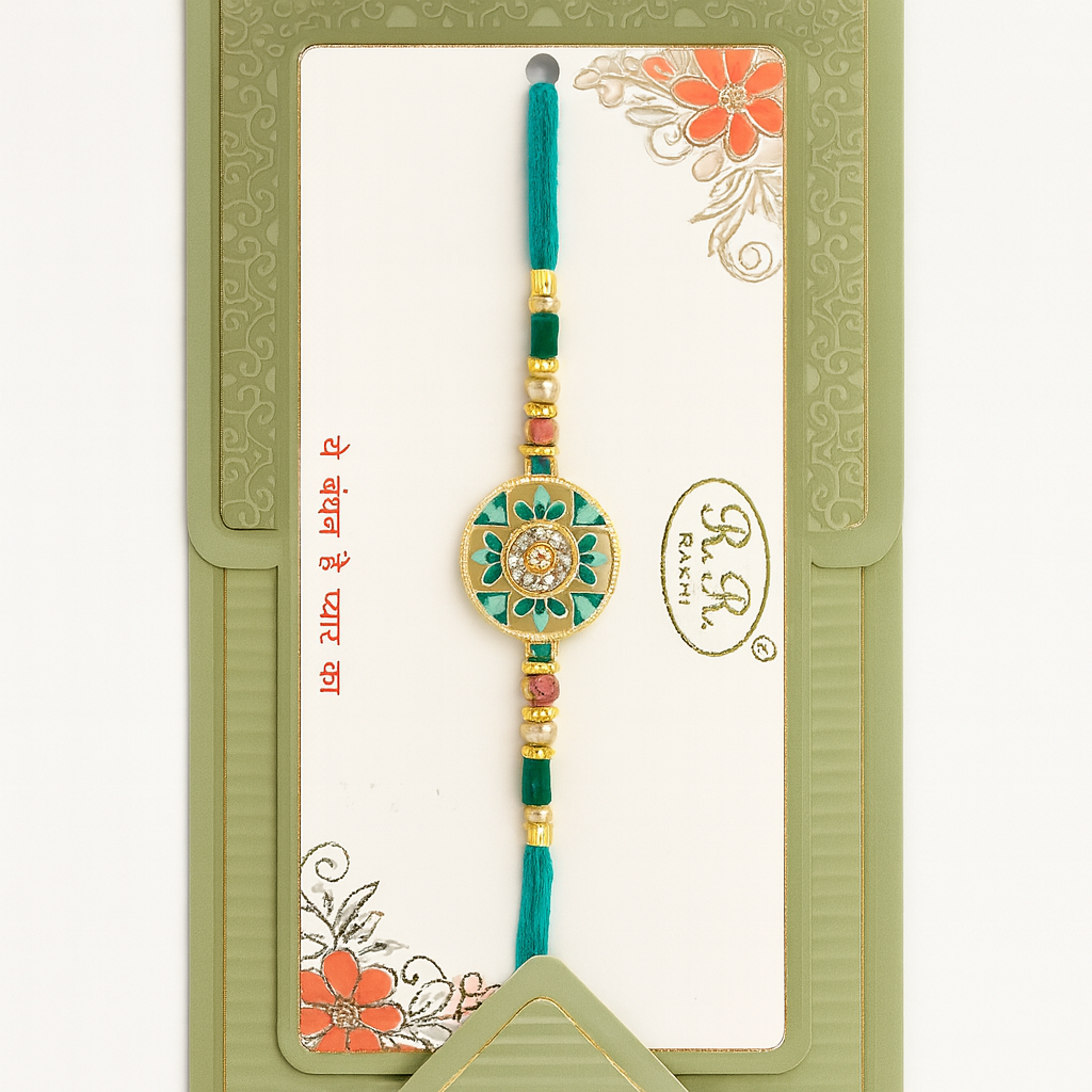 Green Thread Rakhi with Floral Pendant