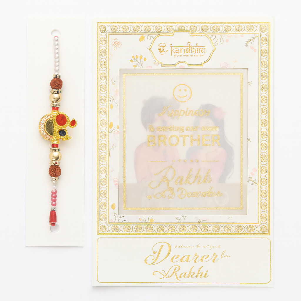 Red Rudraksha Rakhi With Greeting Card For Brother