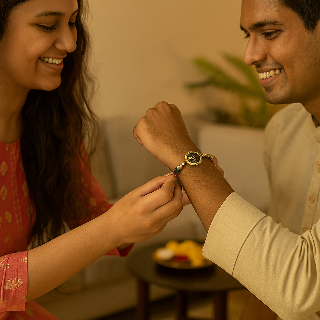 Green Thread Rakhi With Sikh Ik On Pendant image