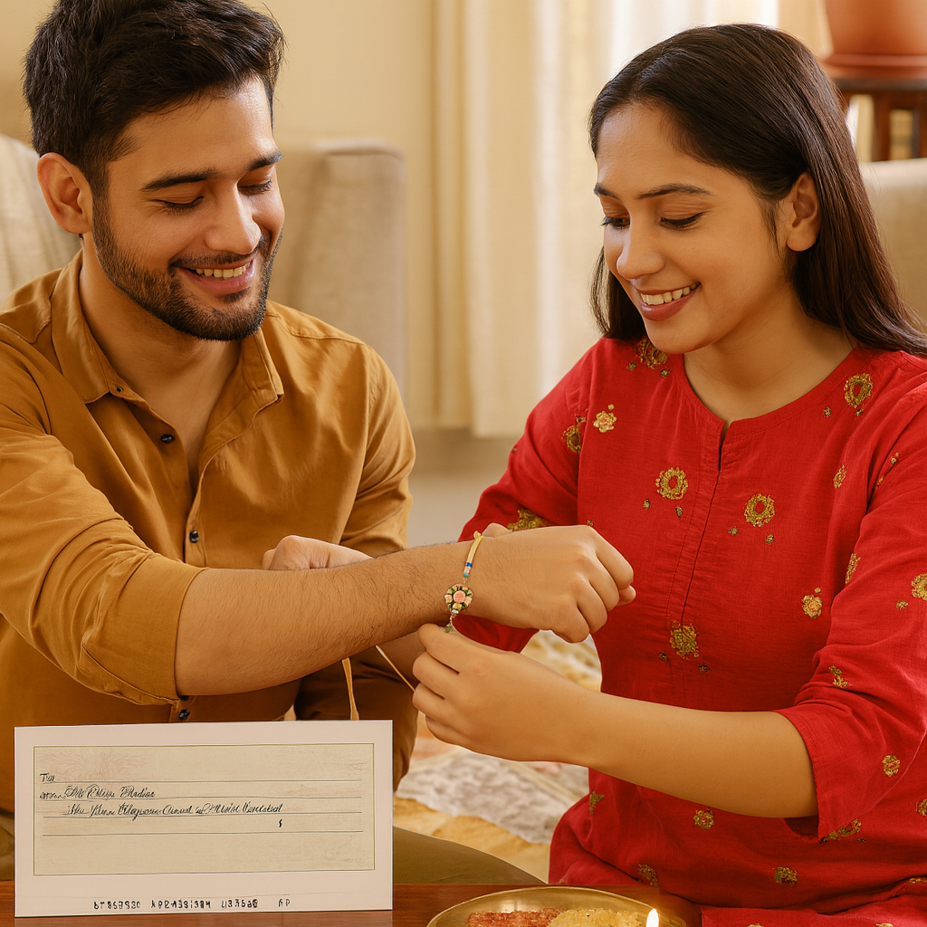 Cheque Themed Rakhi with Floral Motif image