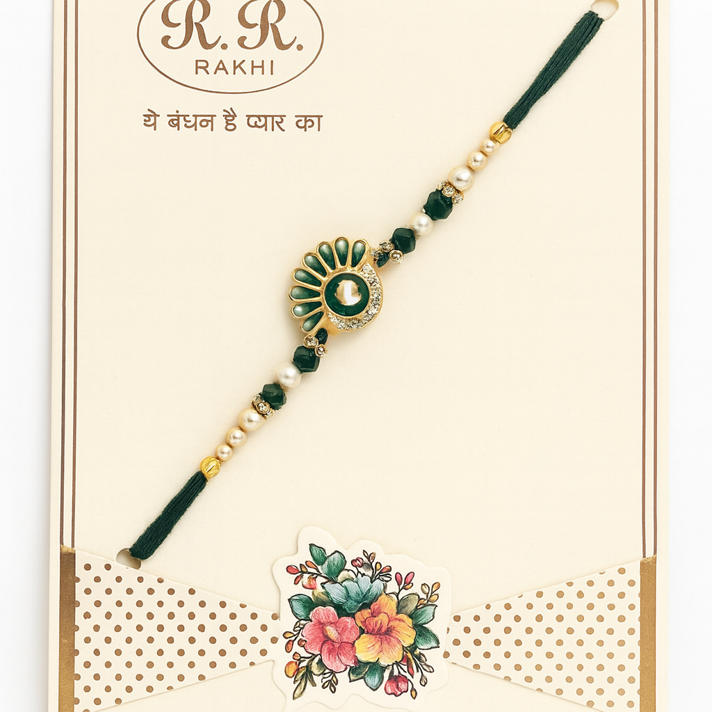 Peacock Feather Rakhi With Green Thread