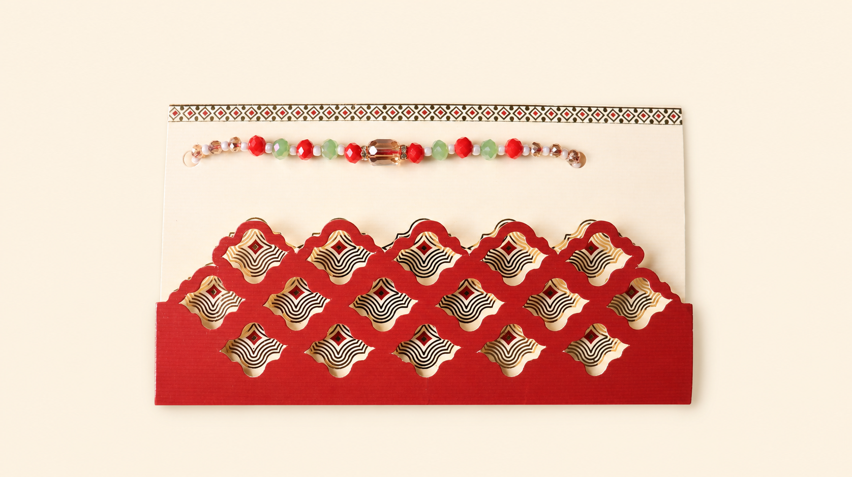 Pukhraj Red Beads Rakhi with Decorative Red Envelope