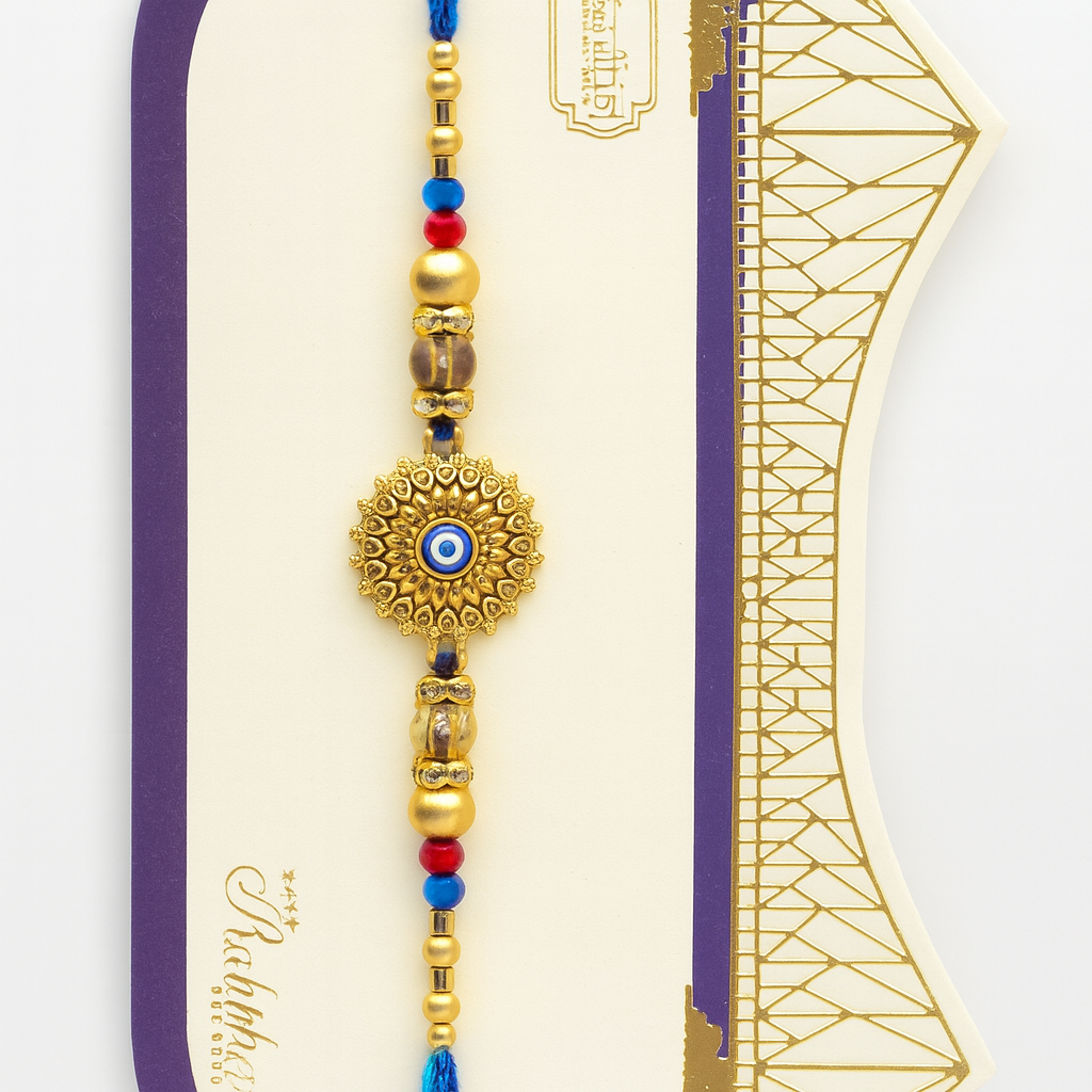 Evil Eye Rakhi with Gold and Blue Beads