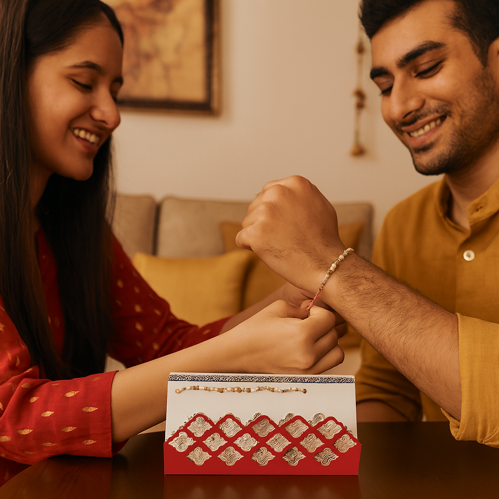 Ivory Gold Beads Rakhi with Decorative Red Envelope image