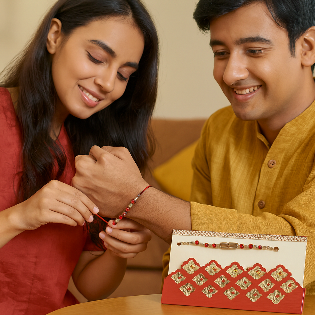 Pukhraj Red Beads Rakhi with Decorative Red Envelope image