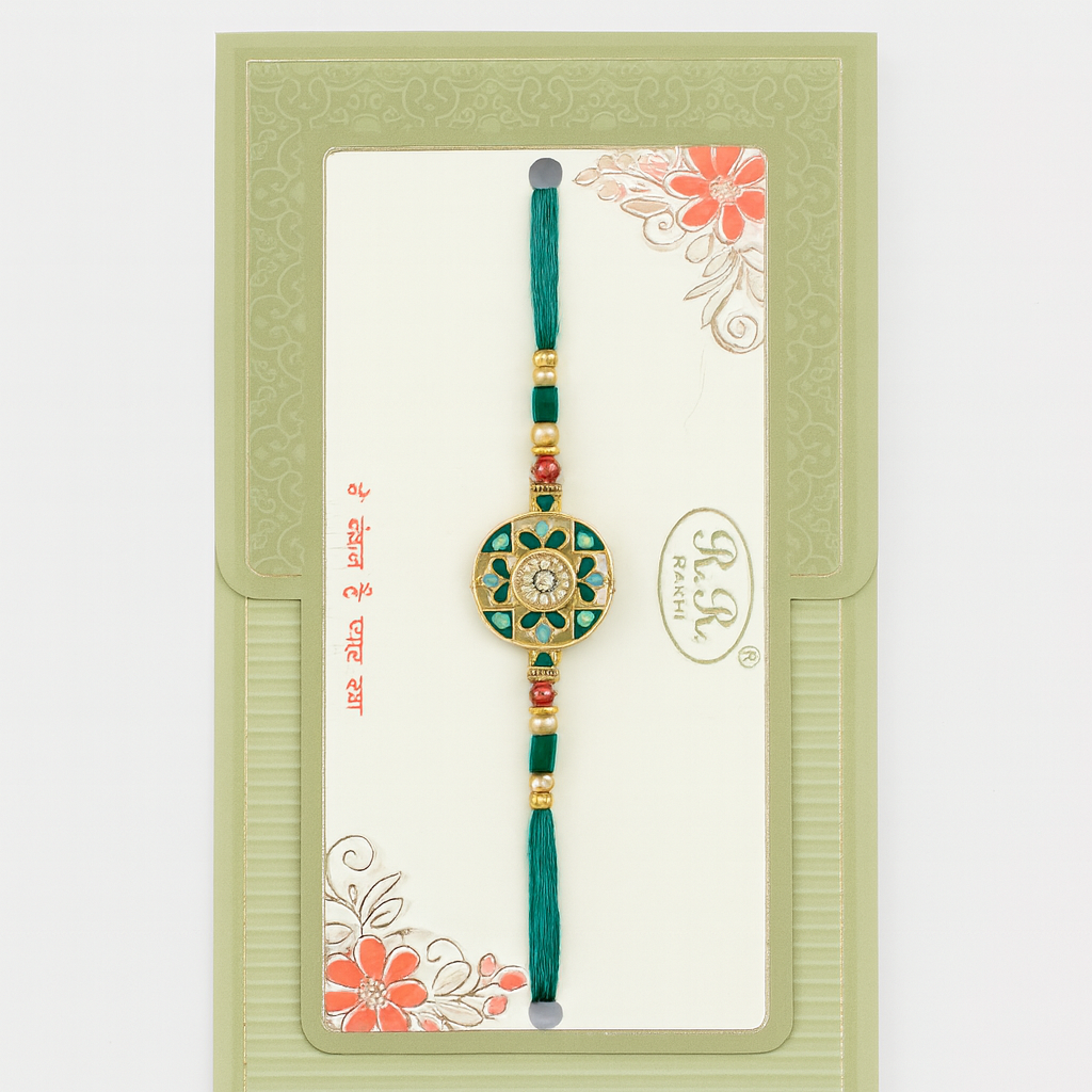 Floral Motif Rakhi with Green Thread