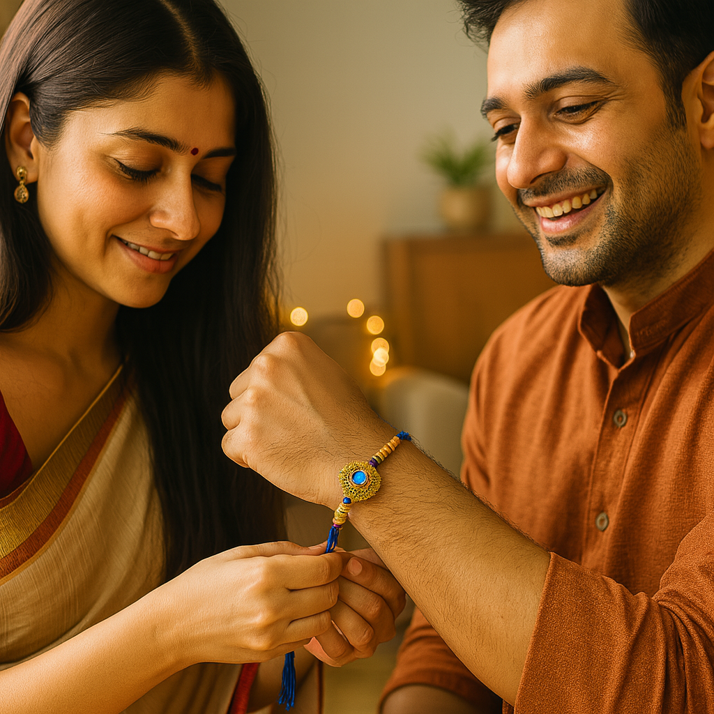 Evil Eye Rakhi with Gold and Blue Beads image