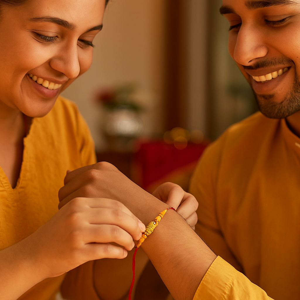 Gold Centerpiece Dhaga Rakhi With Wooden Beads image