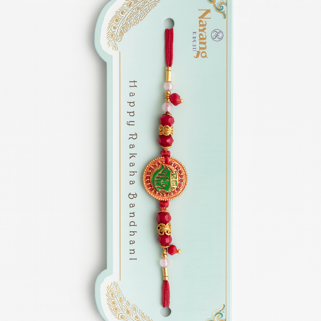 Red Beaded Rakhi with Shree Ram Symbol