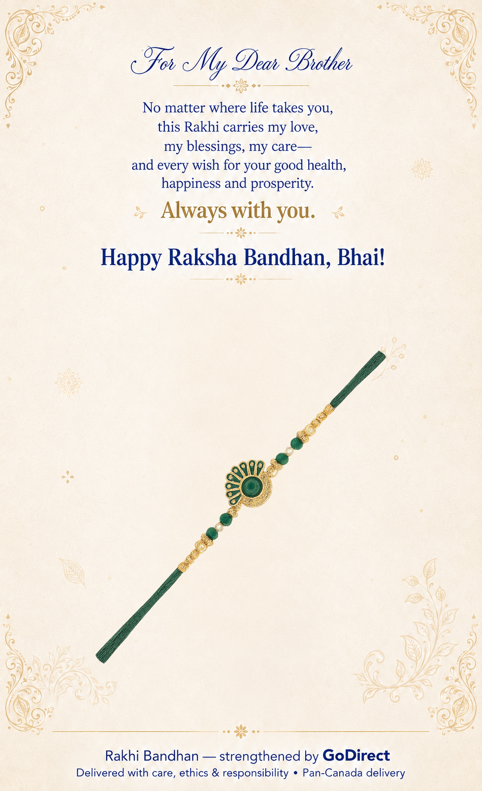 Peacock Feather Rakhi With Green Thread image
