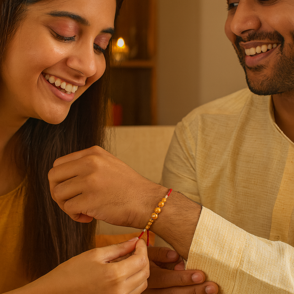 Golden Beads Dhaga Rakhi with Red Thread image