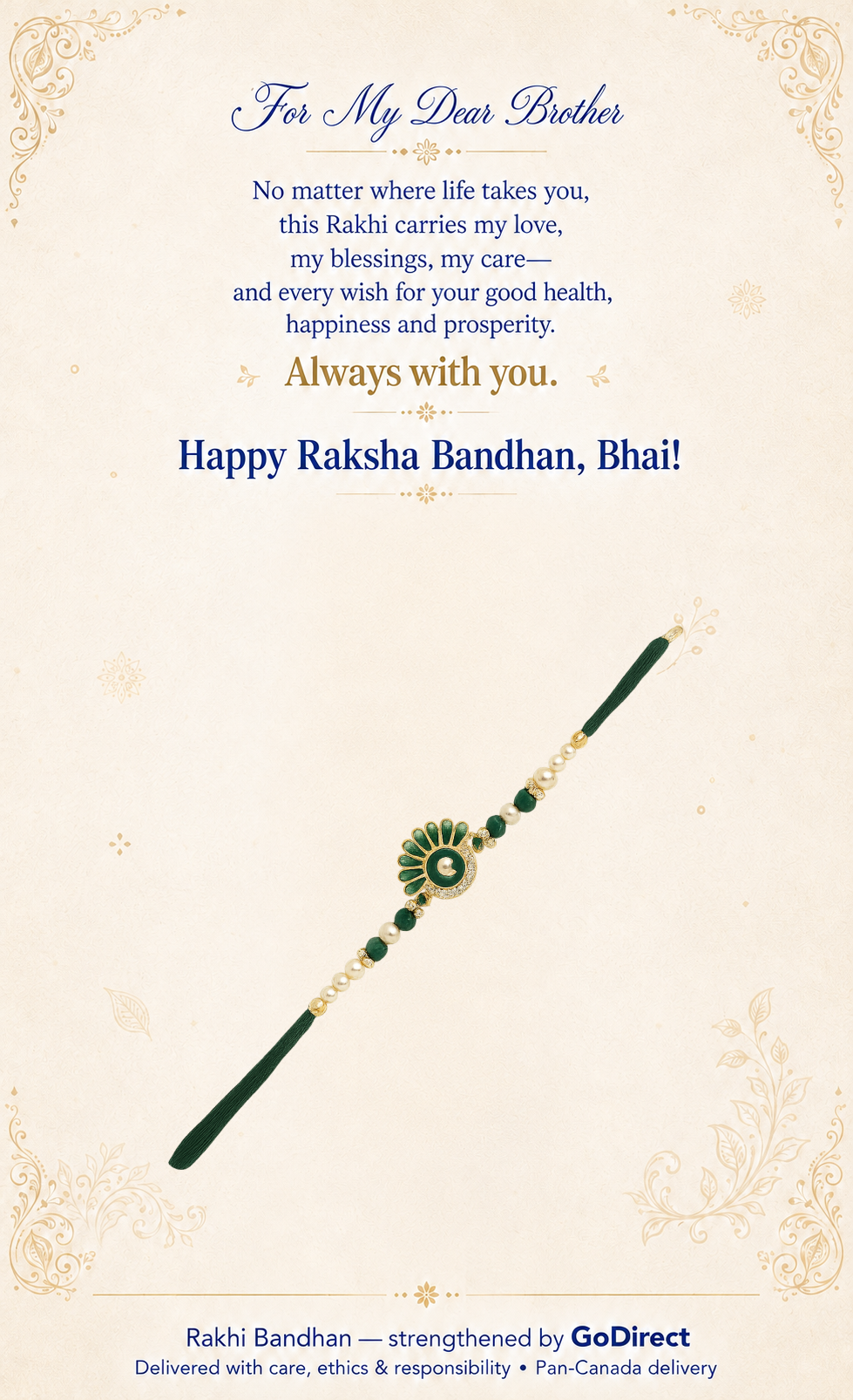 Peacock Feather Rakhi With Green Thread image