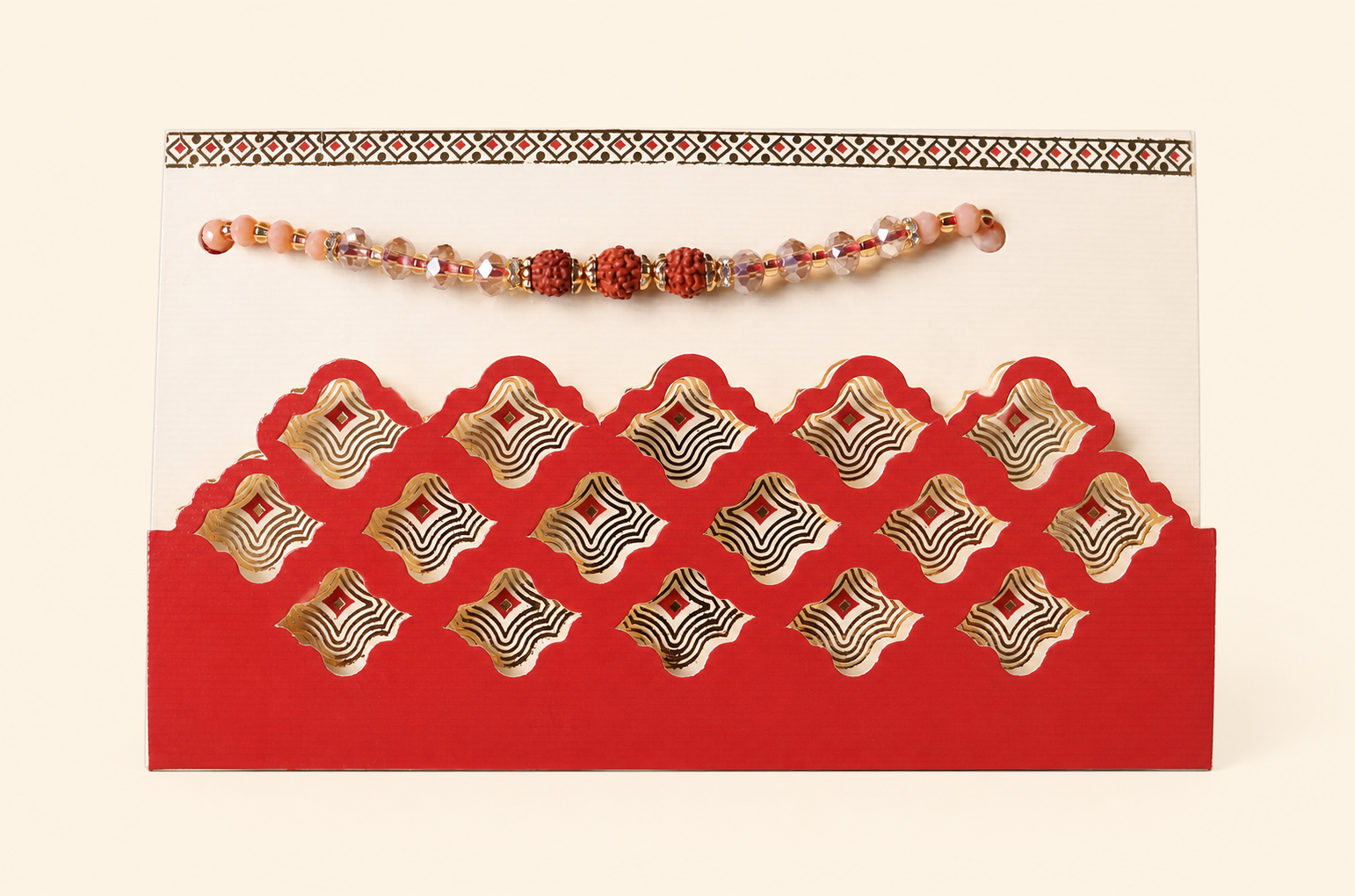 Big Rudraksha Beads Rakhi with Decorative Red Envelope