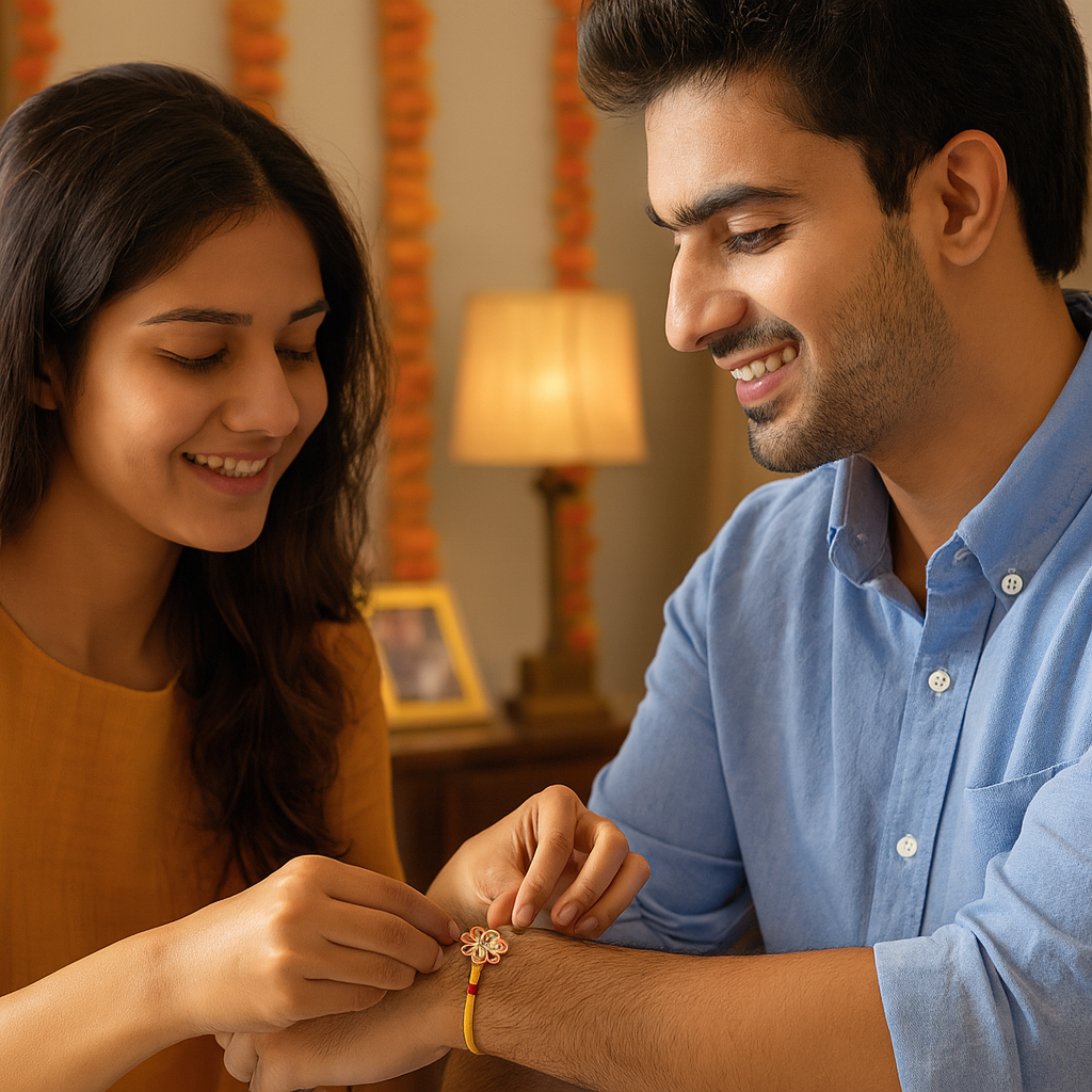 Cheque Themed Rakhi with Floral Motif image