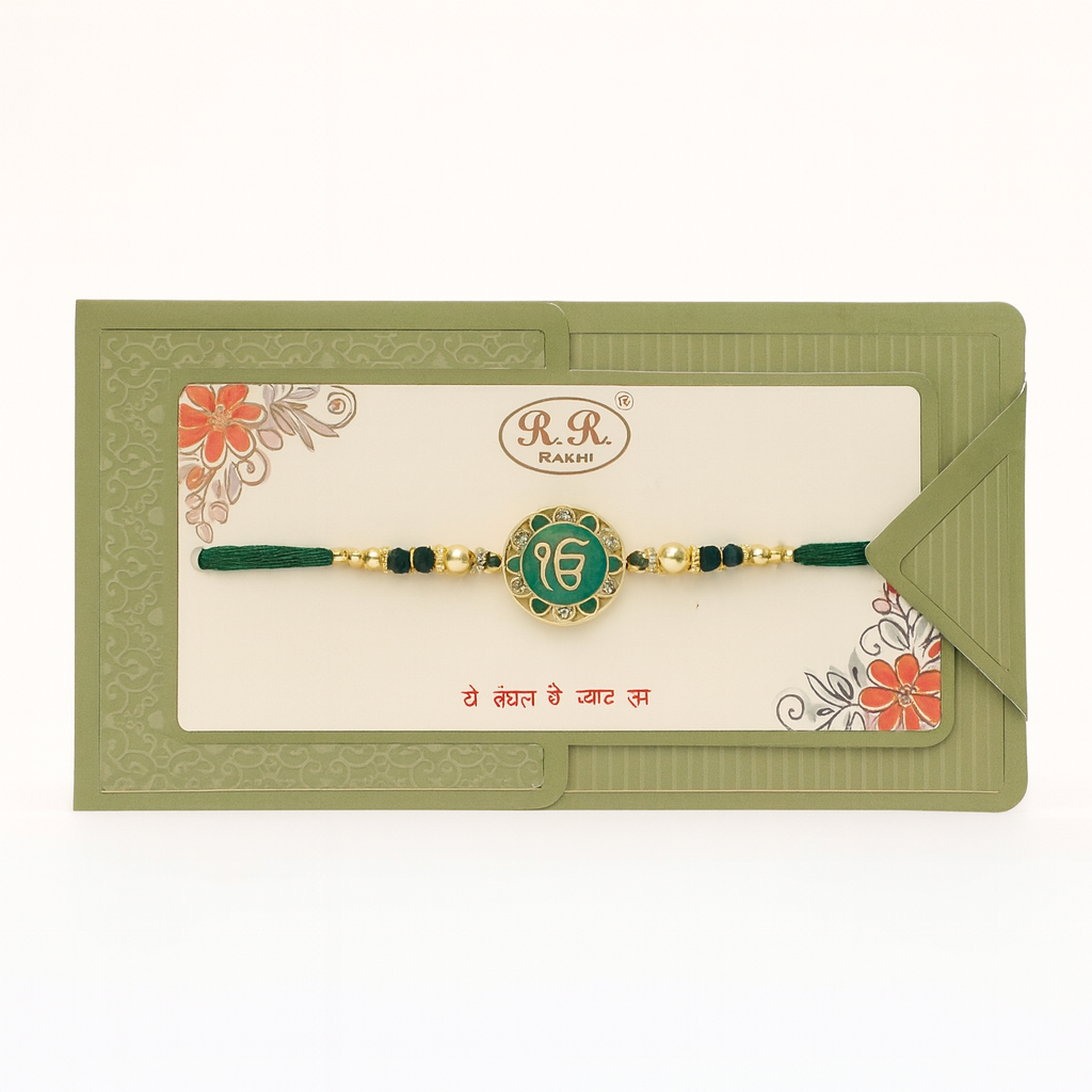 Green Thread Rakhi With Sikh Ik On Pendant