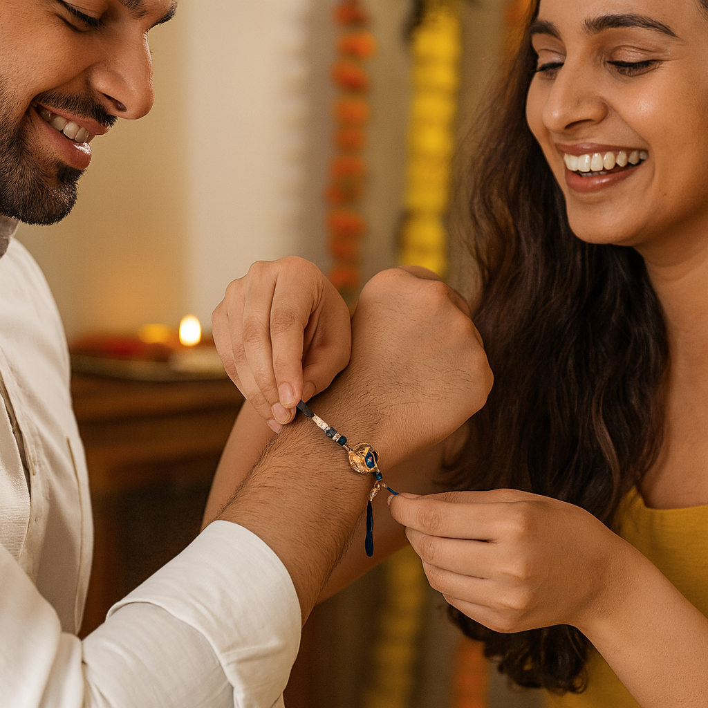 Blue Thread Rakhi with Om Symbol image