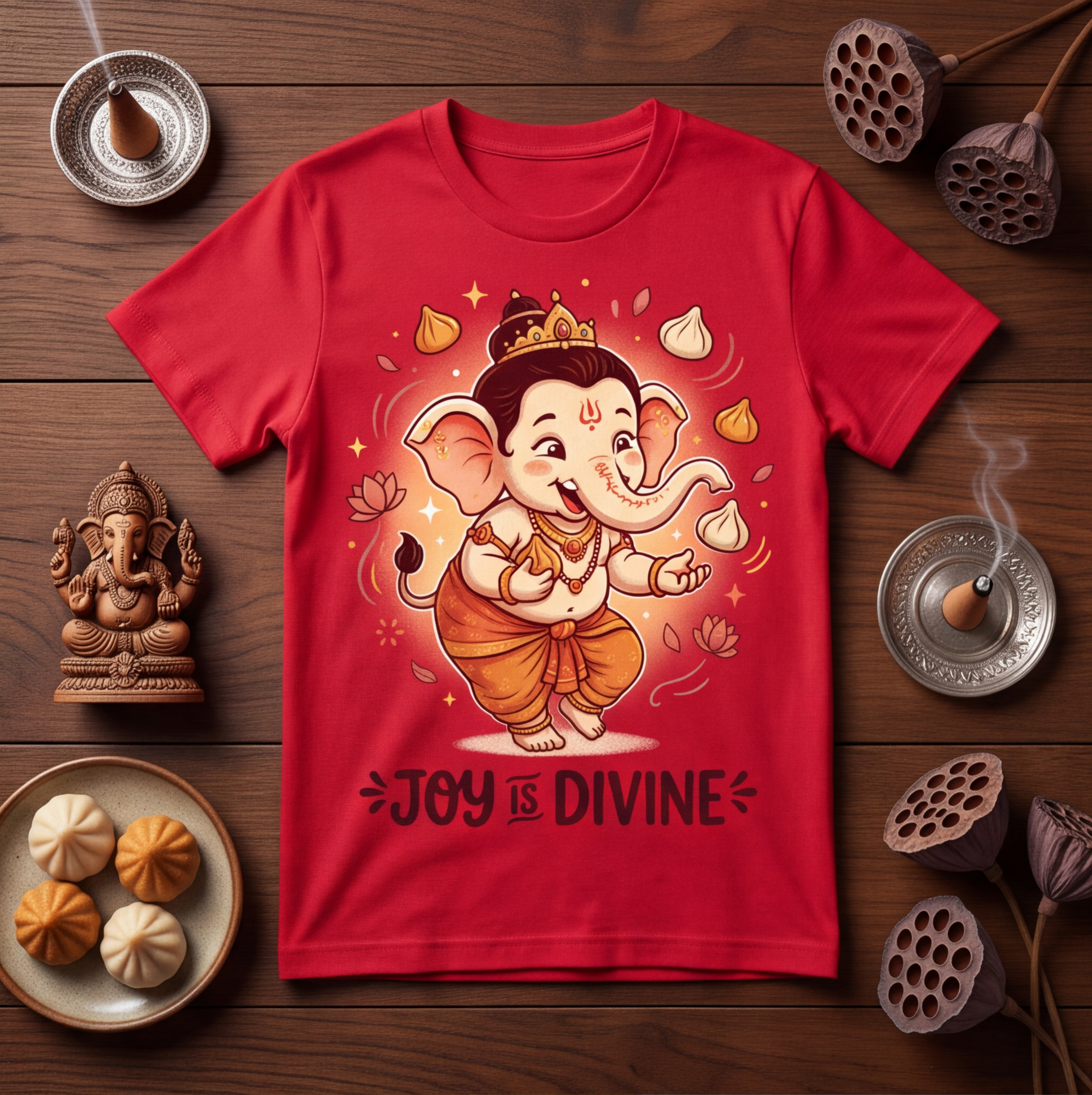 Red Kids T-Shirt With Cartoon Lord Ganesha Print