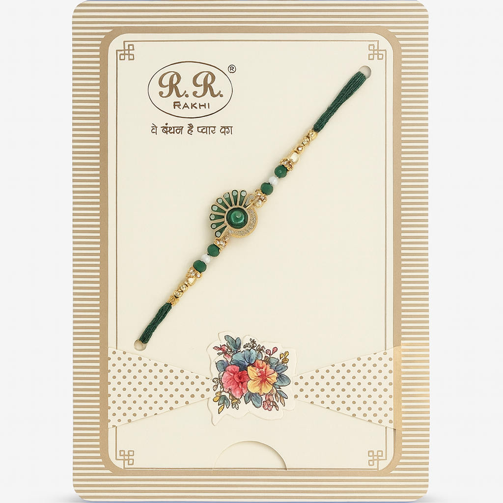Peacock Feather Rakhi With Green Thread