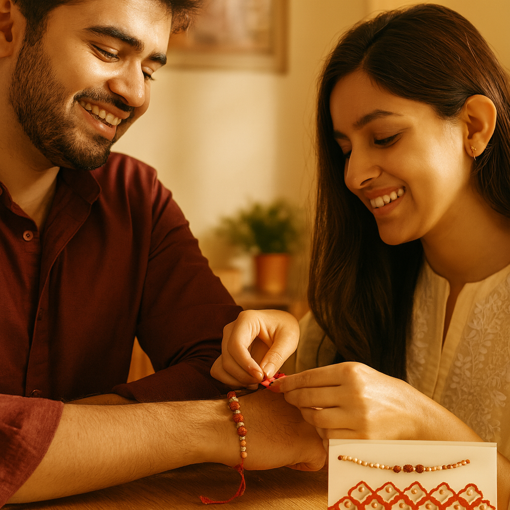 Big Rudraksha Beads Rakhi with Decorative Red Envelope image