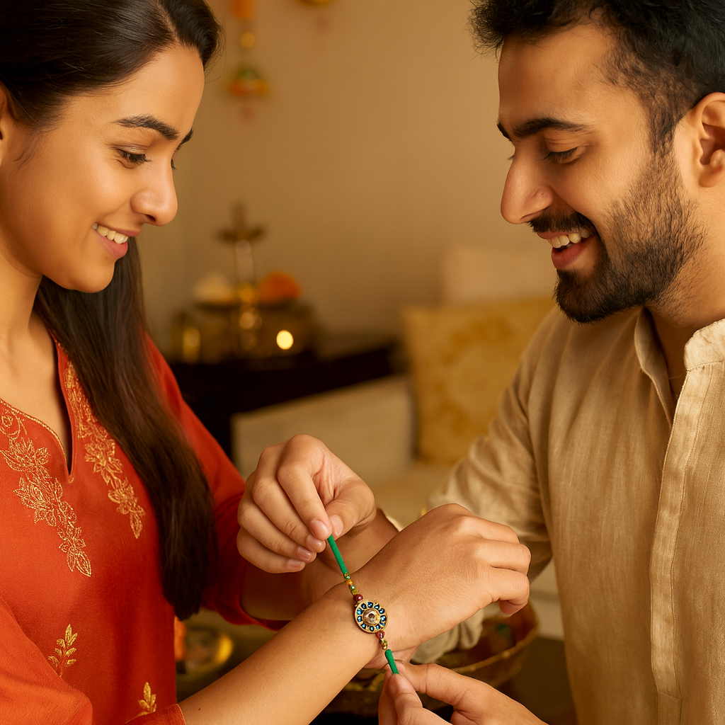 Floral Motif Rakhi with Green Thread image