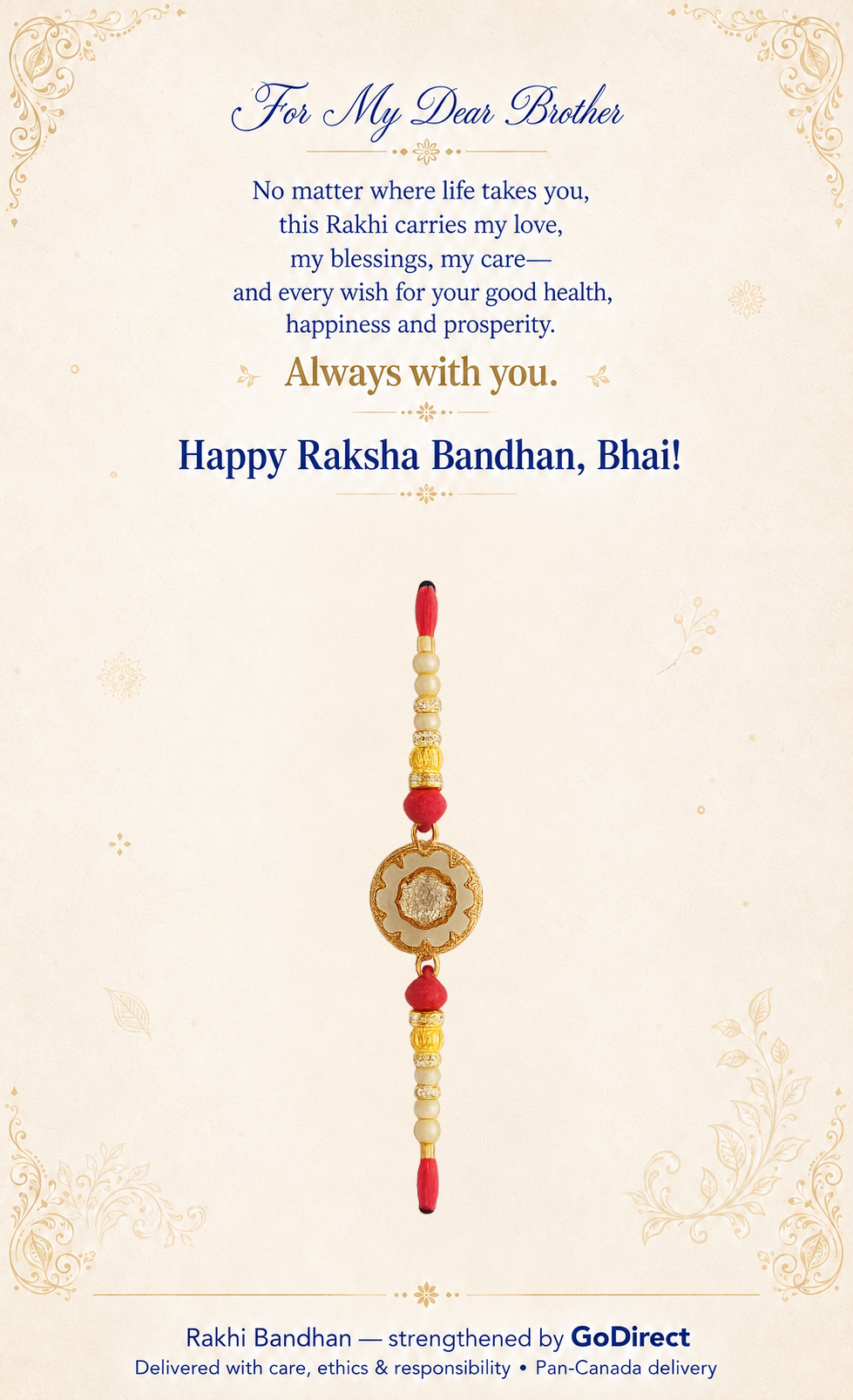 Designer Rakhi With Gold And Red Beads image