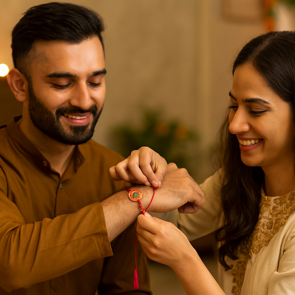 Red Beaded Rakhi with Shree Ram Symbol image