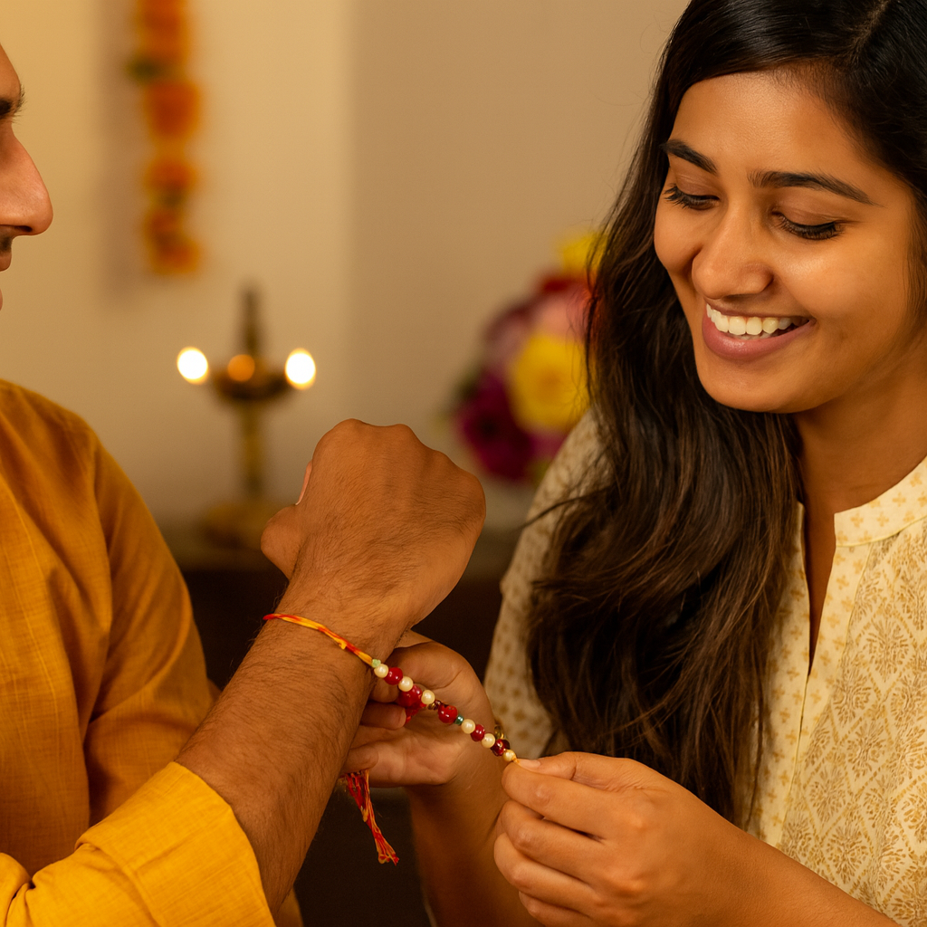 Dhaga Rakhi With Red And White Beads image