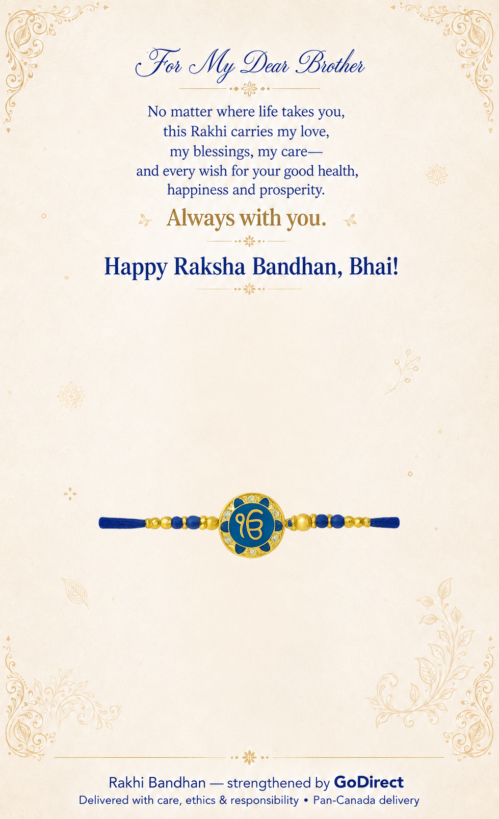 Blue Designer Rakhi With Sikh Ik On Floral Motif image