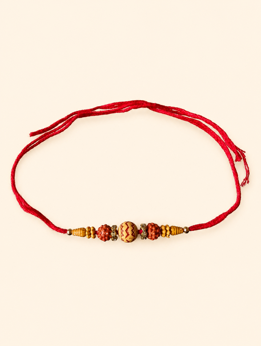 Carved Wooden Bead Dhaga Rakhi with Red Thread