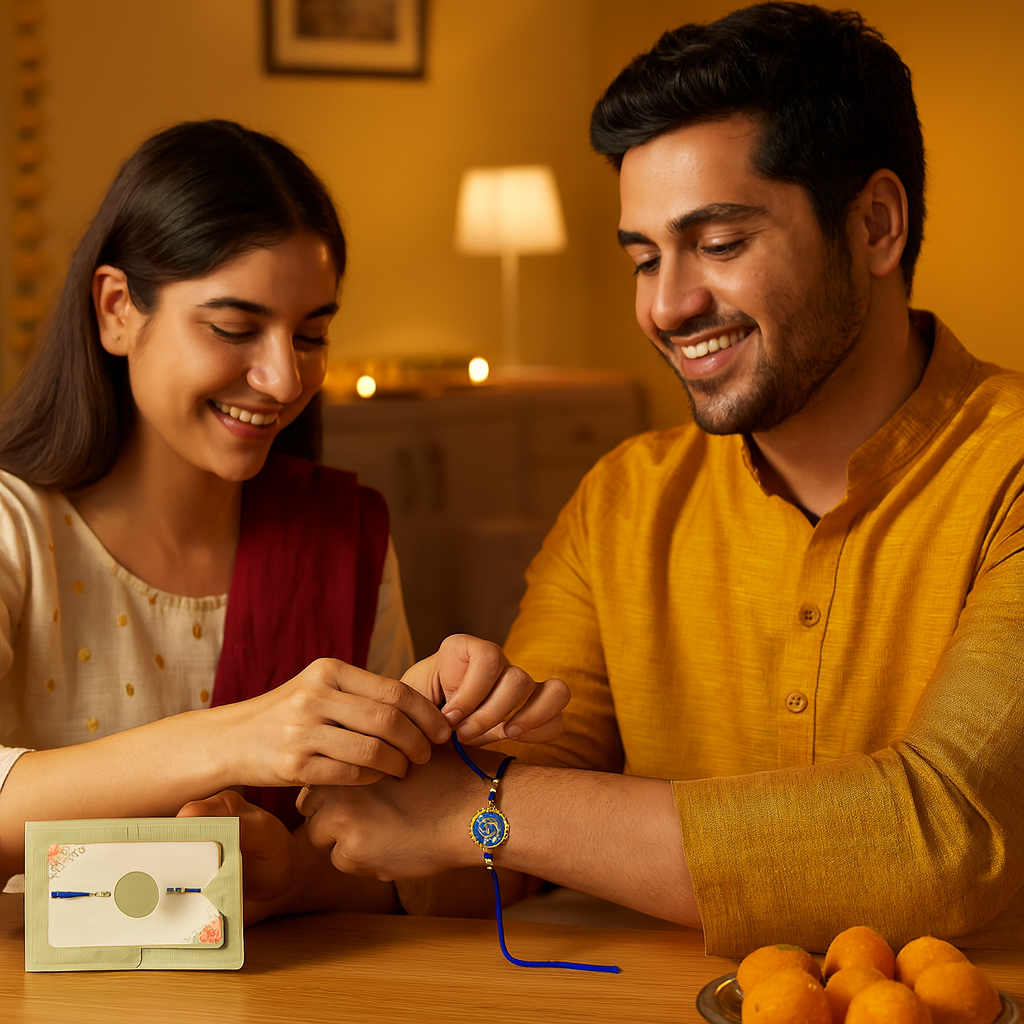 Blue Designer Rakhi With Sikh Ik On Floral Motif image