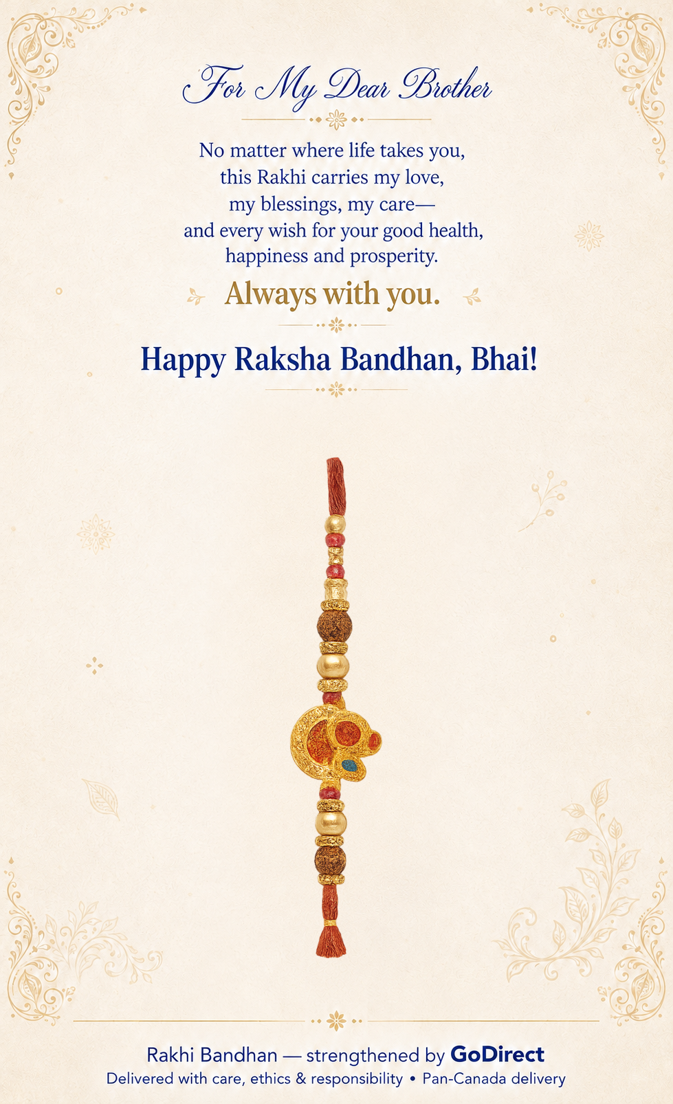 Green Rudraksha Rakhi With Greeting Card For Brother image
