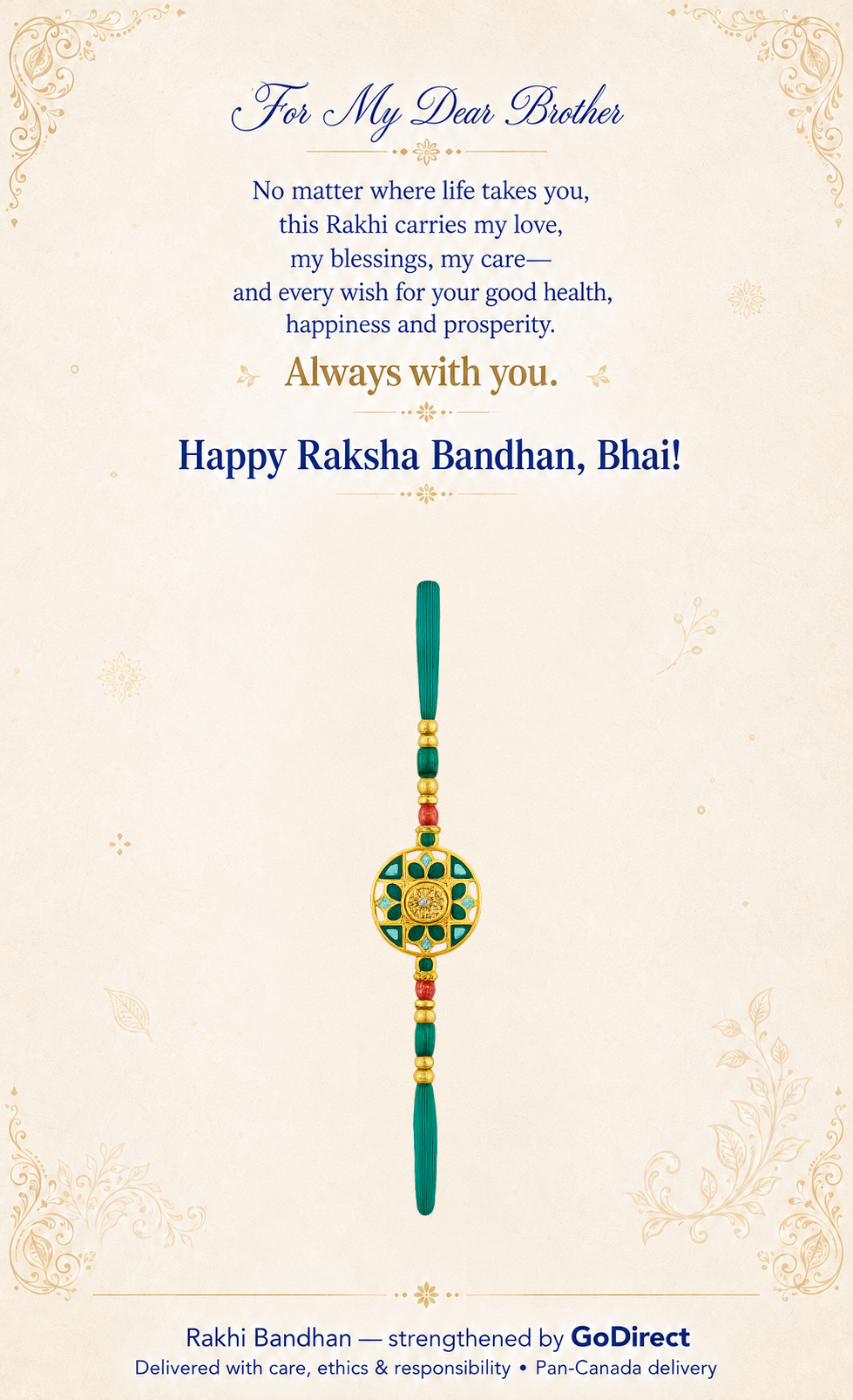 Floral Motif Rakhi with Green Thread image