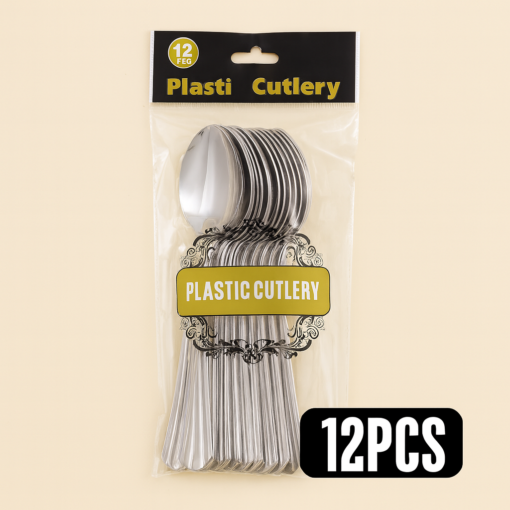 Plastic Spoon Set Silver 12 PC